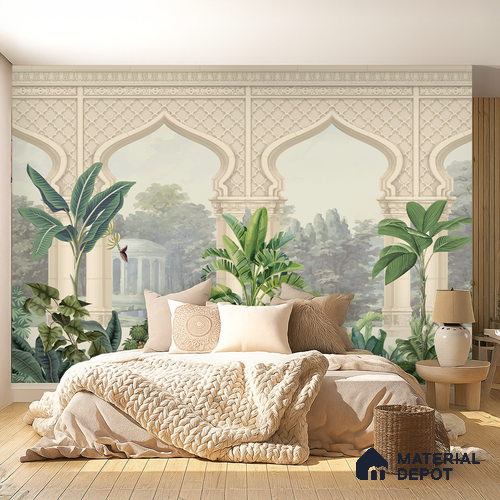 Whispering Garden Arches Silk Thread Gulbahar Print | WP 04189 Non Woven Matte Finish Indian Style Premium Customized size Wallpaper | 150 GSM WP01MTF Paper | (MOQ = 30 Sq. Ft.)