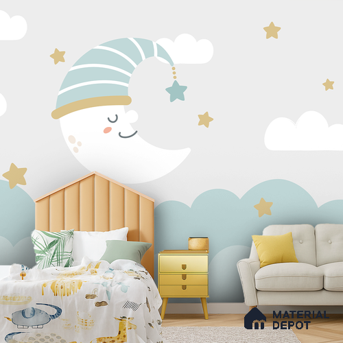 Little Star Lullaby Soft Pastel Animal Dreamscape | WP 04066 Canvas Texture Finish Space Style luxurious Customized size Wallpaper | 250 GSM WP01CNF Paper | (MOQ = 30 Sq. Ft.)