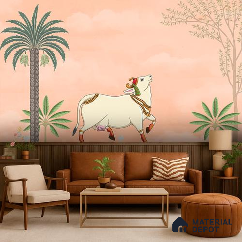 Kamdhenu Pichwai Traditional Kashmiri Embroidered Style | WP 04180 B Canvas Texture Finish Animal Print,Pichwai Style luxurious Customized size Wallpaper | 250 GSM WP01CNF Paper | (MOQ = 30 Sq. Ft.) | Design change not possible