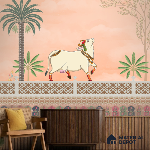 Kamdhenu Pichwai Traditional Kashmiri Embroidered Style | WP 04180 Non Woven Matte Finish Animal Print,Pichwai Style Premium Customized size Wallpaper | 150 GSM WP01MTF Paper | (MOQ = 30 Sq. Ft.) | Design change not possible