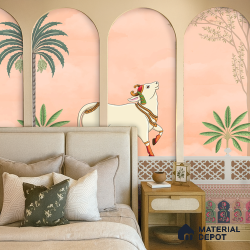 Kamdhenu Pichwai Traditional Kashmiri Embroidered Style | WP 04180 B Canvas Texture Finish Animal Print,Pichwai Style luxurious Customized size Wallpaper | 250 GSM WP01CNF Paper | (MOQ = 30 Sq. Ft.) | Design change not possible
