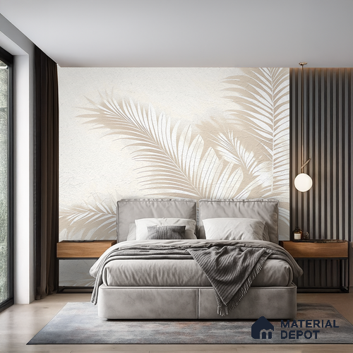 Light Beige Minimal Palm Leaf Texture Tropical Mist Nature Art | WP 03927 Non Woven Matte Finish Tropical Style Premium Customized size Wallpaper | 150 GSM WP01MTF Paper | (MOQ = 30 Sq. Ft.) | Design change not possible