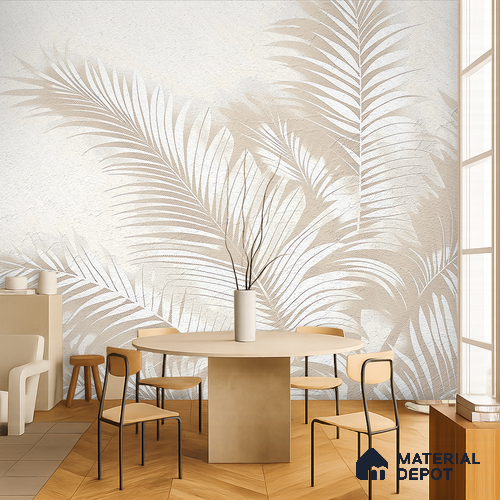 Light Beige Minimal Palm Leaf Texture Tropical Mist Nature Art | WP 03927 B Canvas Texture Finish Tropical Style luxurious Customized size Wallpaper | 250 GSM WP01CNF Paper | (MOQ = 30 Sq. Ft.) | Design change not possible