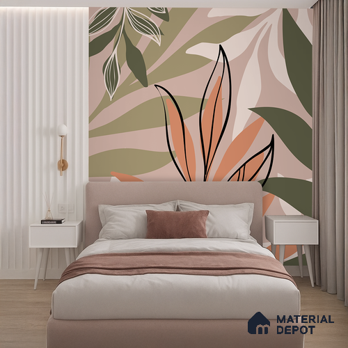 Warm Beige Abstract Leaf Line Tropical Mist Nature Art | WP 03923 B Canvas Texture Finish Tropical Style luxurious Customized size Wallpaper | 250 GSM WP01CNF Paper | (MOQ = 30 Sq. Ft.)