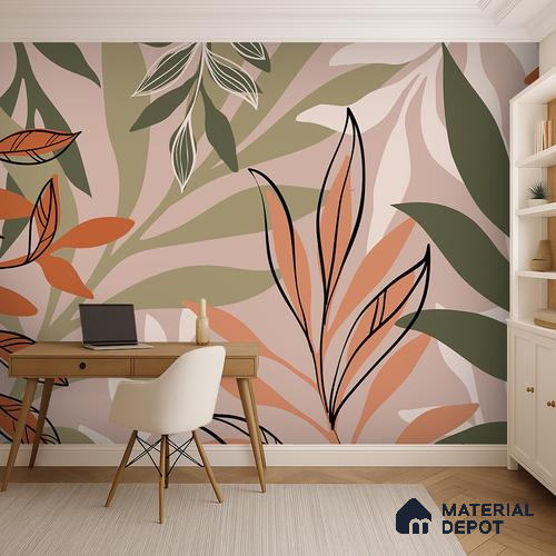 Warm Beige Abstract Leaf Line Tropical Mist Nature Art | WP 03923 B Canvas Texture Finish Tropical Style luxurious Customized size Wallpaper | 250 GSM WP01CNF Paper | (MOQ = 30 Sq. Ft.)