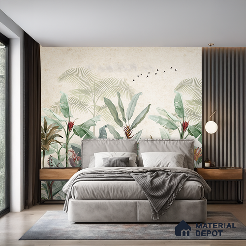 Whispering Banana Grove Tropical Mist Nature Art | WP 03991 Non Woven Matte Finish Tropical Style Premium Customized size Wallpaper | 150 GSM WP01MTF Paper | (MOQ = 30 Sq. Ft.) | Design change not possible