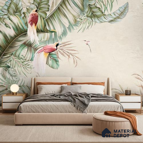 Soft Tropic Aviary Frame Tropical Mist Nature Art | WP 03961 Non Woven Matte Finish Tropical Style Premium Customized size Wallpaper | 150 GSM WP01MTF Paper | (MOQ = 30 Sq. Ft.) | Design change not possible