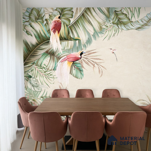Soft Tropic Aviary Frame Tropical Mist Nature Art | WP 03961 B Canvas Texture Finish Tropical Style luxurious Customized size Wallpaper | 250 GSM WP01CNF Paper | (MOQ = 30 Sq. Ft.) | Design change not possible