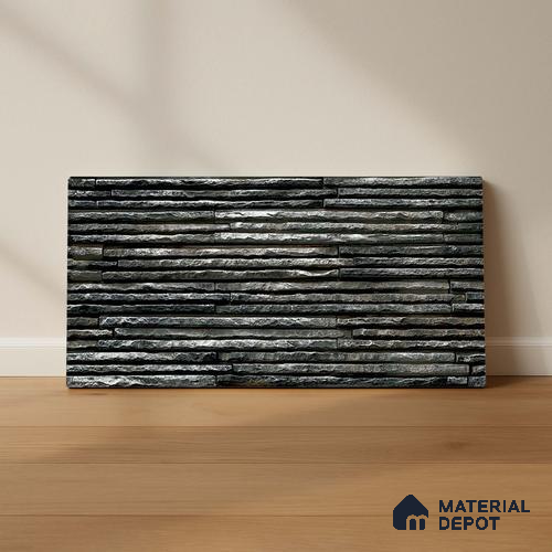 TL 00087 Black 2 ft x 1 ft Stacked Stone Punch Finish Vitrified Wall Cladding Elevation Tile - 9 mm