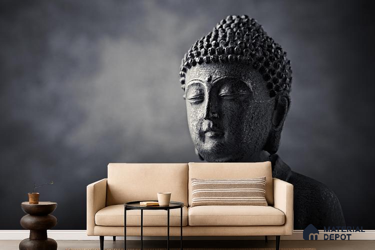 Patina of Peace Stone Buddha On Charcoal Background | WP 04109 B Canvas Texture Finish Indian Style luxurious Customized size Wallpaper | 250 GSM WP01CNF Paper | (MOQ = 30 Sq. Ft.)