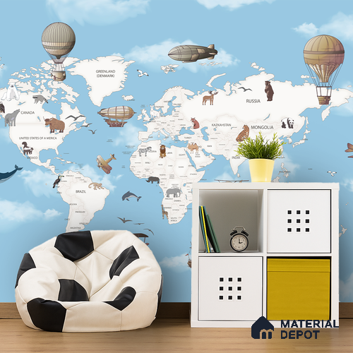 Exploring the World by Air & Sea Animal | WP 04076 B Non Woven Matte Finish Map Style Premium Customized size Wallpaper | 150 GSM WP01MTF Paper | (MOQ = 30 Sq. Ft.) | Design change not possible