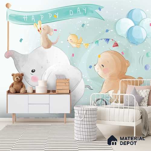 Confetti Skies & Tiny Cheers Animal Circus With Snow Backdrop | WP 04049 B Non Woven Matte Finish Animal Print Style Premium Customized size Wallpaper | 150 GSM WP01MTF Paper | (MOQ = 30 Sq. Ft.)