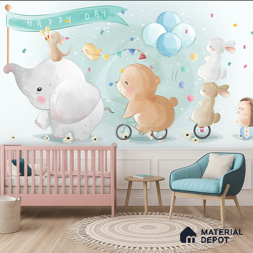 Confetti Skies & Tiny Cheers Animal Circus With Snow Backdrop | WP 04049 Canvas Texture Finish Animal Print Style luxurious Customized size Wallpaper | 250 GSM WP01CNF Paper | (MOQ = 30 Sq. Ft.)