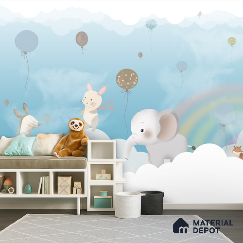 Over the Rainbow Clouds Animals Sitting On Clouds | WP 04200 B Non Woven Matte Finish Animal Print Style Premium Customized size Wallpaper | 150 GSM WP01MTF Paper | (MOQ = 30 Sq. Ft.) | Design change not possible