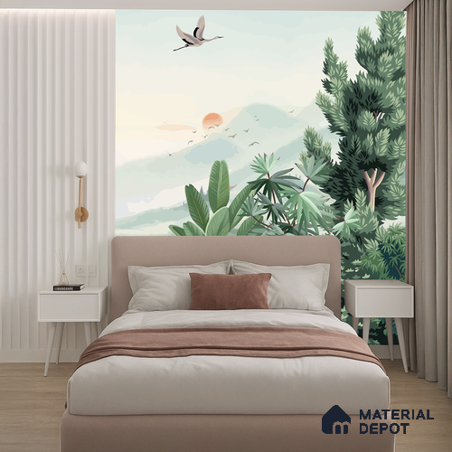 Misty Green Forest Valley Scenic Artistic Charm Designer | WP 03934 Non Woven Matte Finish Tropical Style Premium Customized size Wallpaper | 150 GSM WP01MTF Paper | (MOQ = 30 Sq. Ft.)