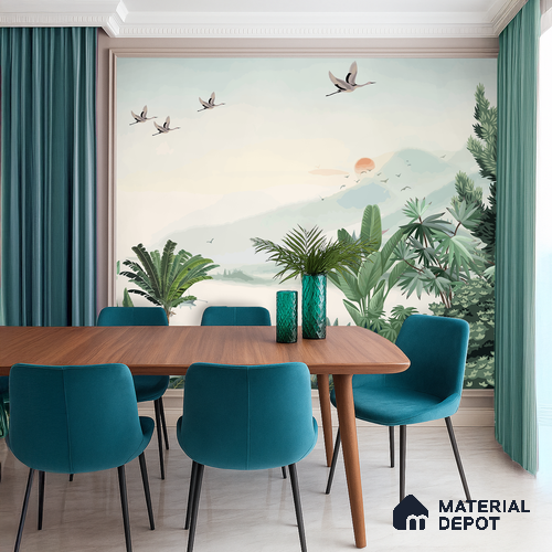 Misty Green Forest Valley Scenic Artistic Charm Designer | WP 03934 Non Woven Matte Finish Tropical Style Premium Customized size Wallpaper | 150 GSM WP01MTF Paper | (MOQ = 30 Sq. Ft.)