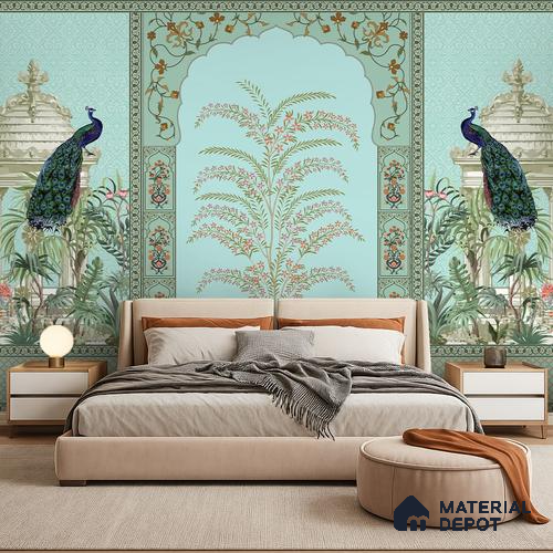 Celestial Jharokha Peacock Court Artistic Charm Designer | WP 03982 Non Woven Matte Finish Tropical Style Premium Customized size Wallpaper | 150 GSM WP01MTF Paper | (MOQ = 30 Sq. Ft.)