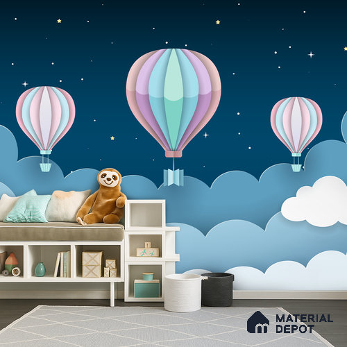 Gentle Night Sky Ride Balloon Above Clouds Scene | WP 04070 B Non Woven Matte Finish Space Style Premium Customized size Wallpaper | 150 GSM WP01MTF Paper | (MOQ = 30 Sq. Ft.)