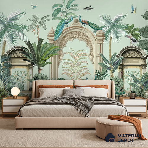 Peacocks of the Inner Court | WP 04196 B Canvas Texture Finish Indian Style luxurious Customized size Wallpaper | 250 GSM WP01CNF Paper | (MOQ = 30 Sq. Ft.)