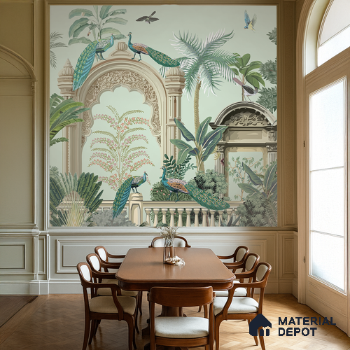 Peacocks of the Inner Court | WP 04196 Non Woven Matte Finish Indian Style Premium Customized size Wallpaper | 150 GSM WP01MTF Paper | (MOQ = 30 Sq. Ft.)
