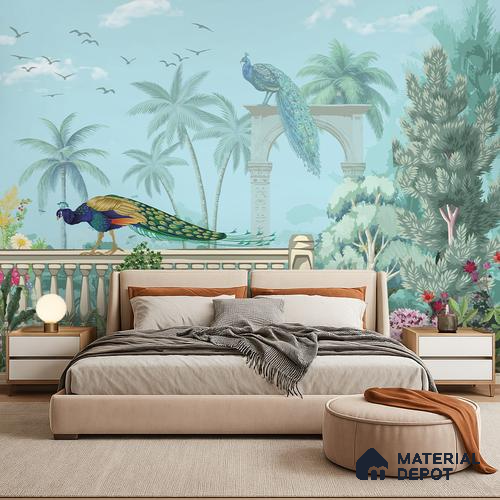 Azure Peacock Terrace Dreamy Artistic | WP 03969 Non Woven Matte Finish Tropical Style Premium Customized size Wallpaper | 150 GSM WP01MTF Paper | (MOQ = 30 Sq. Ft.)