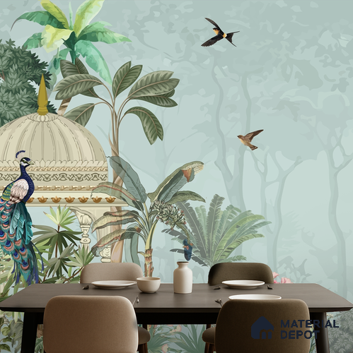 Serene Pavilion Peacock Garden Dreamy Artistic | WP 03979 B Canvas Texture Finish Tropical Style luxurious Customized size Wallpaper | 250 GSM WP01CNF Paper | (MOQ = 30 Sq. Ft.)