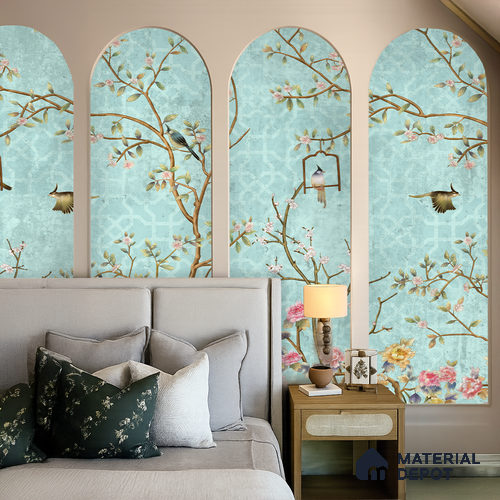 Aqua Blue Chinoiserie Birds and Blossom Floral Tree | WP 03918 B Canvas Texture Finish Chinoiserie Style luxurious Customized size Wallpaper | 250 GSM WP01CNF Paper | (MOQ = 30 Sq. Ft.) | Design change not possible