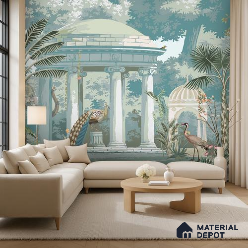 Green That Never Rushes Garden With Peacocks | WP 04111 Non Woven Matte Finish Indian Style Premium Customized size Wallpaper | 150 GSM WP01MTF Paper | (MOQ = 30 Sq. Ft.)