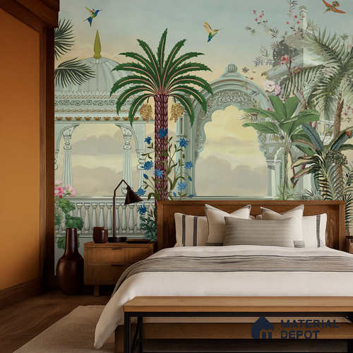Garden of Palms Motif Art | WP 04185 B Canvas Texture Finish Indian Style luxurious Customized size Wallpaper | 250 GSM WP01CNF Paper | (MOQ = 30 Sq. Ft.)