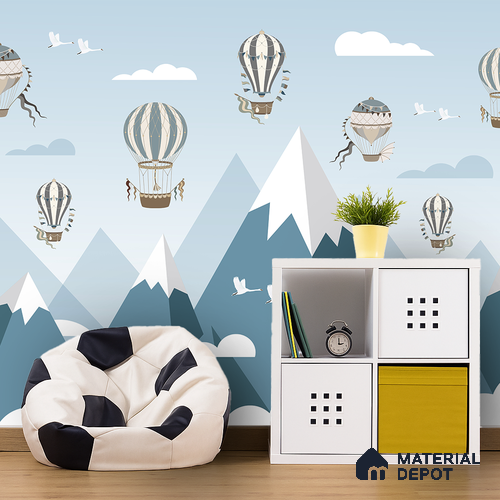 Adventure Wall Hot Air Balloons Over Mountains | WP 04061 Canvas Texture Finish Abstract Style luxurious Customized size Wallpaper | 250 GSM WP01CNF Paper | (MOQ = 30 Sq. Ft.) | Design change not possible