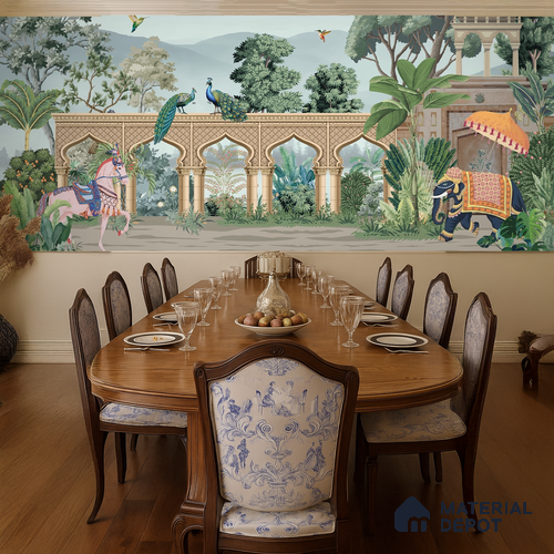 A Walk Through the Royal Garden | WP 04190 B Canvas Texture Finish Indian Style luxurious Customized size Wallpaper | 250 GSM WP01CNF Paper | (MOQ = 30 Sq. Ft.)