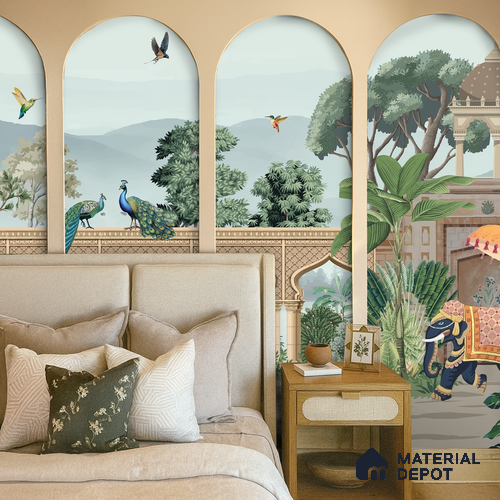 A Walk Through the Royal Garden | WP 04190 B Canvas Texture Finish Indian Style luxurious Customized size Wallpaper | 250 GSM WP01CNF Paper | (MOQ = 30 Sq. Ft.)