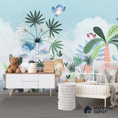 Friends Who Live Between Leaves Jungle Animals Gathering | WP 04041 B Non Woven Matte Finish Animal Print Style Premium Customized size Wallpaper | 150 GSM WP01MTF Paper | (MOQ = 30 Sq. Ft.) | Design change not possible