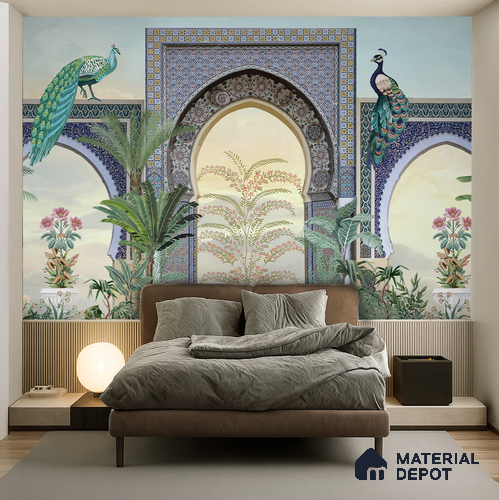 Peacock Arch Pichwai Design | WP 04179 Non Woven Matte Finish Indian Style Premium Customized size Wallpaper | 150 GSM WP01MTF Paper | (MOQ = 30 Sq. Ft.)