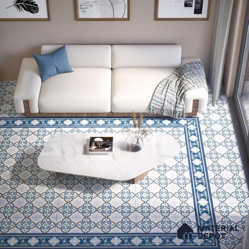 Moroccan Carpet Floor Tile TL 06616 B Florentine Blue Border | 1 ft x 1 ft Ceramic Matte Finish - 9 mm | Suitable for Living Room, Bedroom, Kitchen | Please Expect a Slight Variation of Pattern