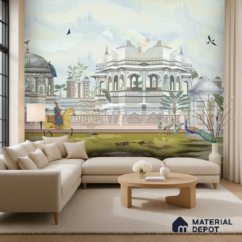 Courts of a Quiet Kingdom Royal Palace With Domes Wallscape | WP 04112 B Canvas Texture Finish Indian Style luxurious Customized size Wallpaper | 250 GSM WP01CNF Paper | (MOQ = 30 Sq. Ft.)