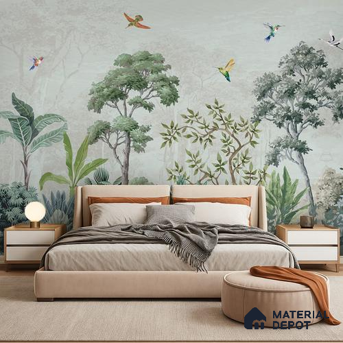 Hummingbirds in the Quiet Canopy Tropical Mist Nature Art | WP 03999 B Canvas Texture Finish Tropical Style luxurious Customized size Wallpaper | 250 GSM WP01CNF Paper | (MOQ = 30 Sq. Ft.)