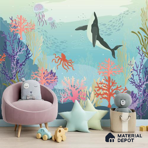 Little Secrets of the Sea Whale And The Aquatic Nature | WP 04087 Canvas Texture Finish Nature Style luxurious Customized size Wallpaper | 250 GSM WP01CNF Paper | (MOQ = 30 Sq. Ft.)