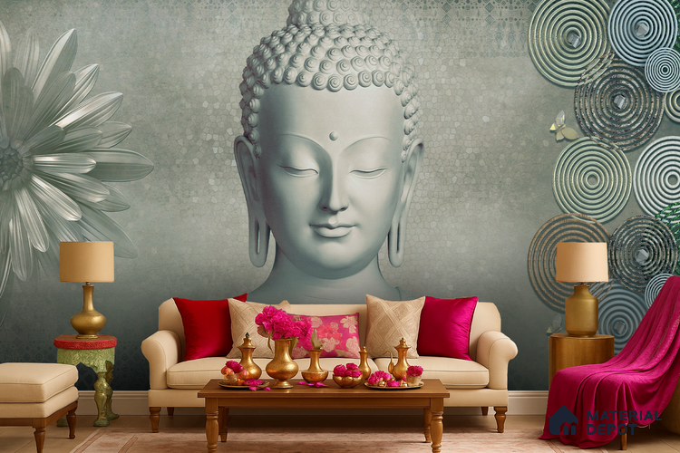 Circles of Consciousness Buddha With Nature | WP 04108 B Canvas Texture Finish Indian Style luxurious Customized size Wallpaper | 250 GSM WP01CNF Paper | (MOQ = 30 Sq. Ft.)