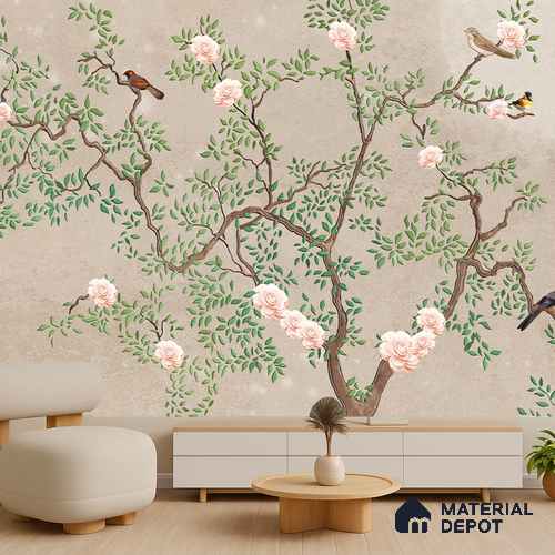 Warm Taupe Floral Branch Serenity Chinoserie Blossom Mural Art | WP 03939 Non Woven Matte Finish Chinoiserie Style Premium Customized size Wallpaper | 150 GSM WP01MTF Paper | (MOQ = 30 Sq. Ft.) | Design change not possible
