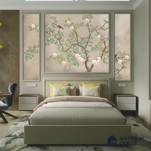 Warm Taupe Floral Branch Serenity Chinoserie Blossom Mural Art | WP 03939 B Canvas Texture Finish Chinoiserie Style luxurious Customized size Wallpaper | 250 GSM WP01CNF Paper | (MOQ = 30 Sq. Ft.) | Design change not possible
