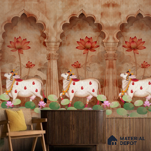 Jharokha Cow Pichwai Rustic Wildflower Pattern | WP 04181 B Canvas Texture Finish Animal Print,Pichwai Style luxurious Customized size Wallpaper | 250 GSM WP01CNF Paper | (MOQ = 30 Sq. Ft.) | Design change not possible