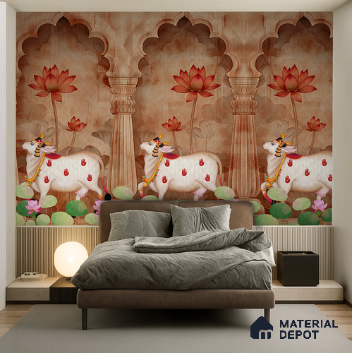 Jharokha Cow Pichwai Rustic Wildflower Pattern | WP 04181 Non Woven Matte Finish Animal Print,Pichwai Style Premium Customized size Wallpaper | 150 GSM WP01MTF Paper | (MOQ = 30 Sq. Ft.) | Design change not possible