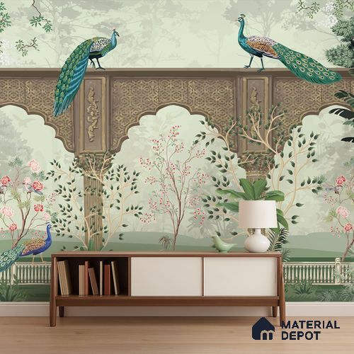 Under the Garden Arches Utsav Maroon Floral Drape | WP 04195 B Canvas Texture Finish Indian Style luxurious Customized size Wallpaper | 250 GSM WP01CNF Paper | (MOQ = 30 Sq. Ft.)