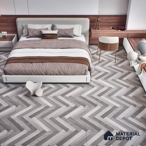 Herringbone Wood Look Floor Tile TL 06650 B Rhodium Grey 4 ft x 2 ft Vitrified Matte Finish - 9 mm | (Random 1) | Suitable for Living Room, Bedroom, Bathroom, Kitchen, Office, Elevation & Dining