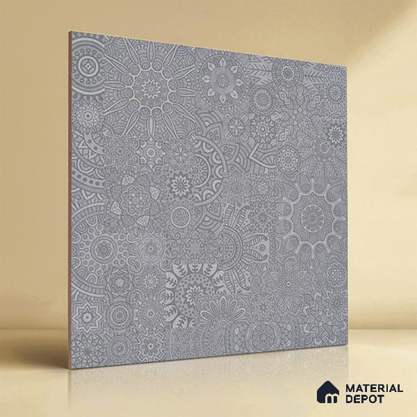 Moroccan Look Floor & Wall Tile TL 06014 Celestial Silver 2 ft x 2 ft Rustic Carving Matte Finish Vitrified Tile - 9 mm | 4 Random Design | Suitable For Living Room, Bedroom, Bathroom, Kitchen & Dining | Please Expect a Slight Variation of Pattern