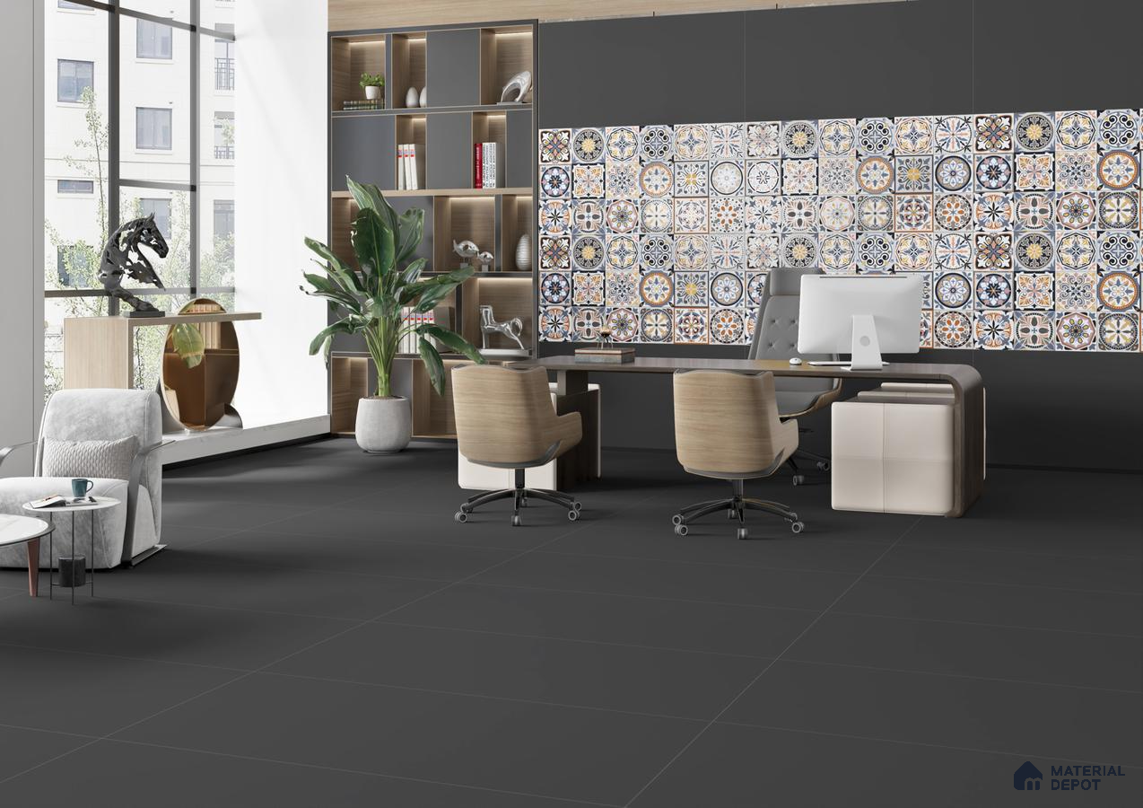Modern Office with Vibrant Tile Accent Wall and Sleek Flooring | Material Depot