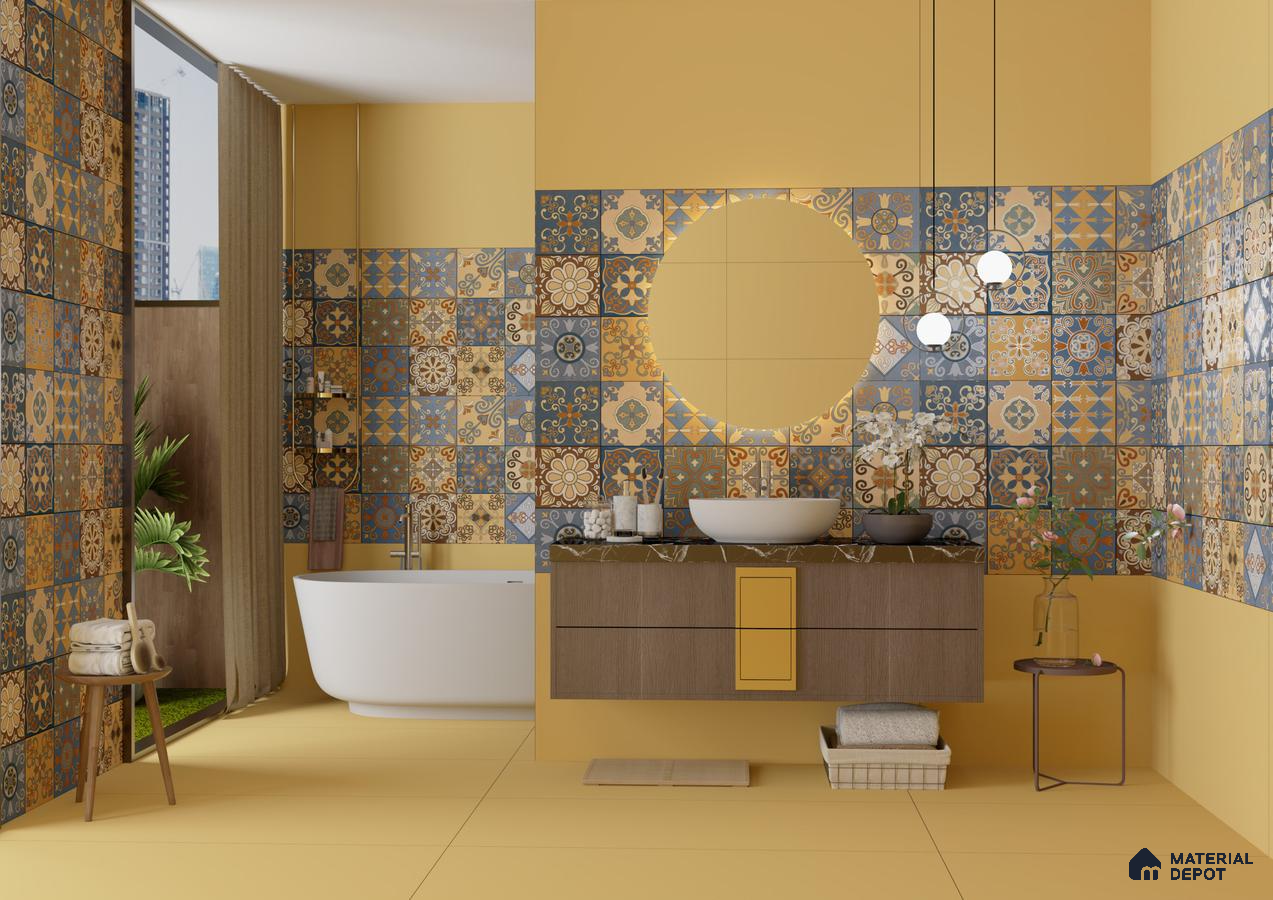 Bright and Bold Bathroom with Moroccan Tile Accent Wall | Material Depot