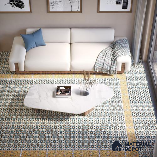Moroccan Carpet Wall & Floor Tile TL 00205 C Centre Yellow & Blue 1 ft x 1 ft Matte Finish Ceramic Tile - 9 mm | Suitable For Living Room, Kitchen, Bathroom | Please Expect a Slight Variation of Pattern