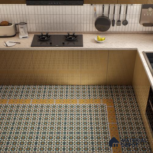 Moroccan Carpet Floor Tile TL 00205 A Corner Yellow & Blue 1 ft x 1 ft Matte Finish Ceramic Tile - 9 mm | Suitable For Living Room, Kitchen, Bathroom | Please Expect a Slight Variation of Pattern